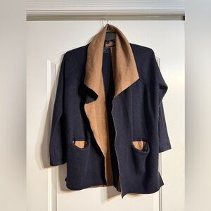 Armani Exchange Cardigan Women Small Navy Camel Fair Wool Blend Shawl Collar‎